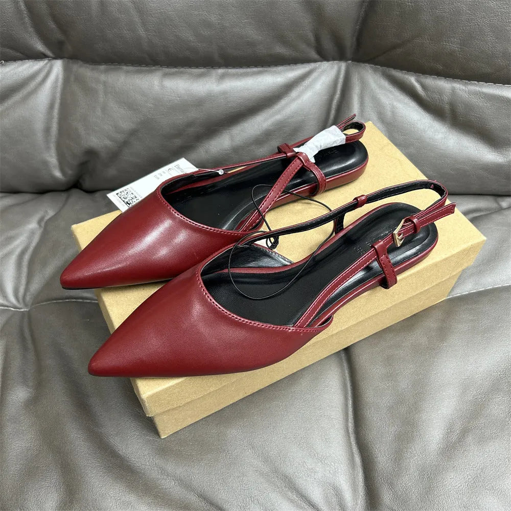 Flat pointed toe women's sandals with buckle closure, low heel, microfiber upper, available in multiple colours