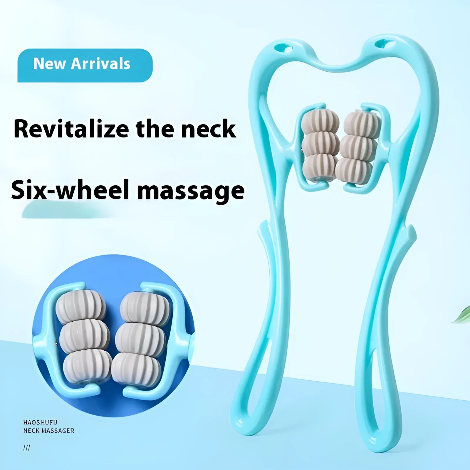 Blue plastic handheld massager with six rolling wheels for neck, shoulder, and waist.