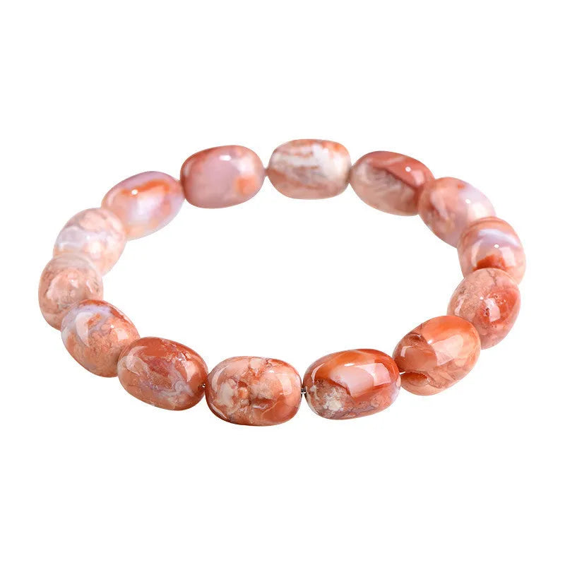 Natural cherry agate barrel bead bracelet with 10x14mm stones and Ruyi design elements