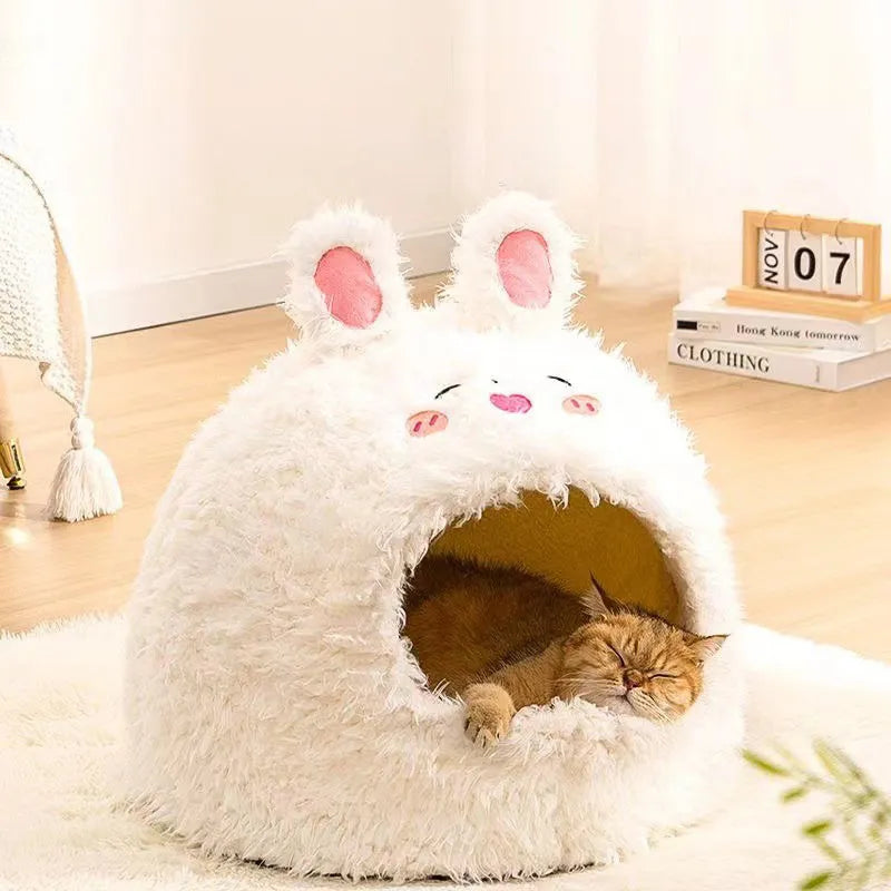 Semi-enclosed plush cat litter kennel tent in bear pattern, shown in a room setting.