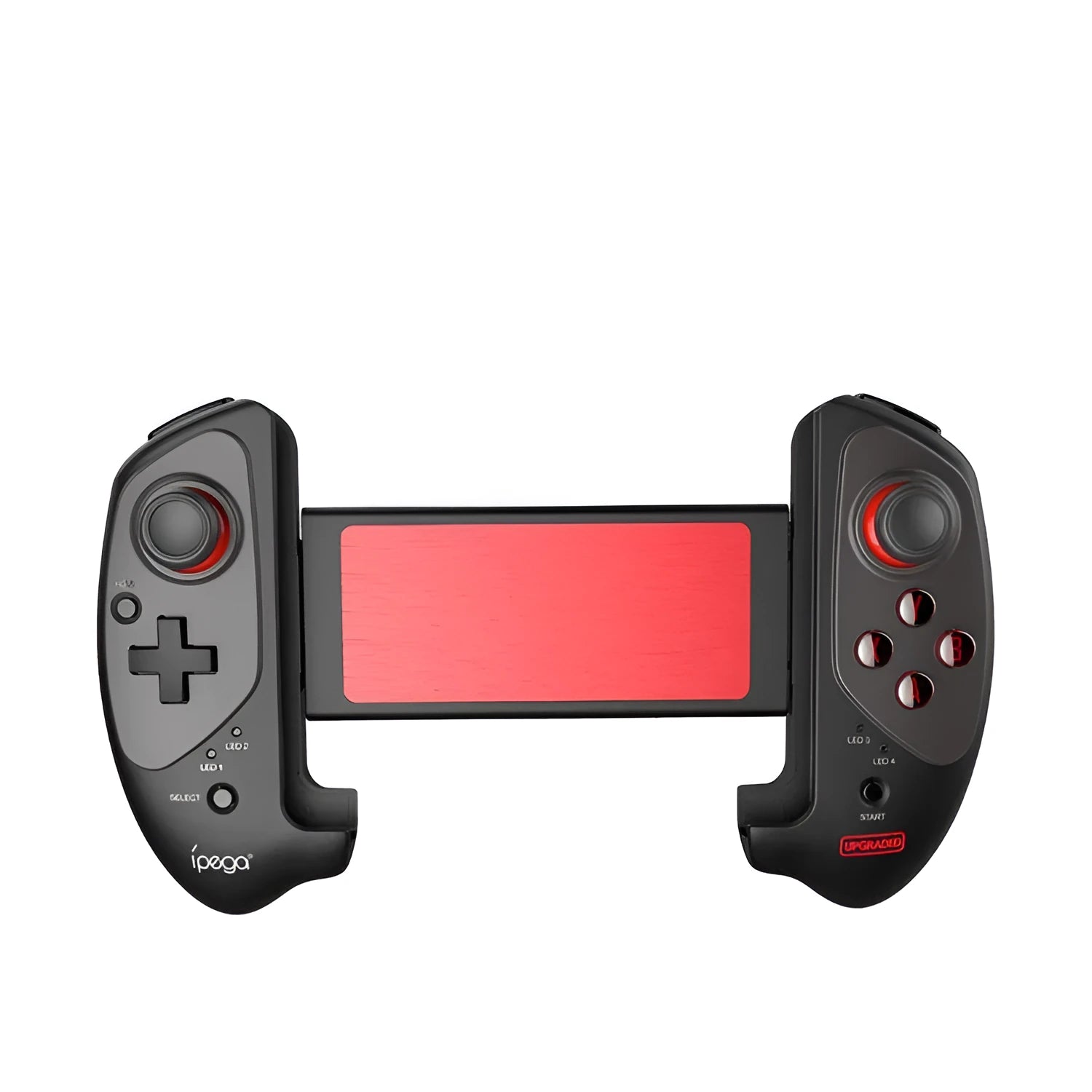 Red telescopic gamepad controller with USB cable on a dark surface.