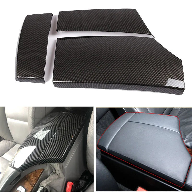 Three ABS carbon fibre pattern armrest box protective covers showing diagonal weave and shiny surface