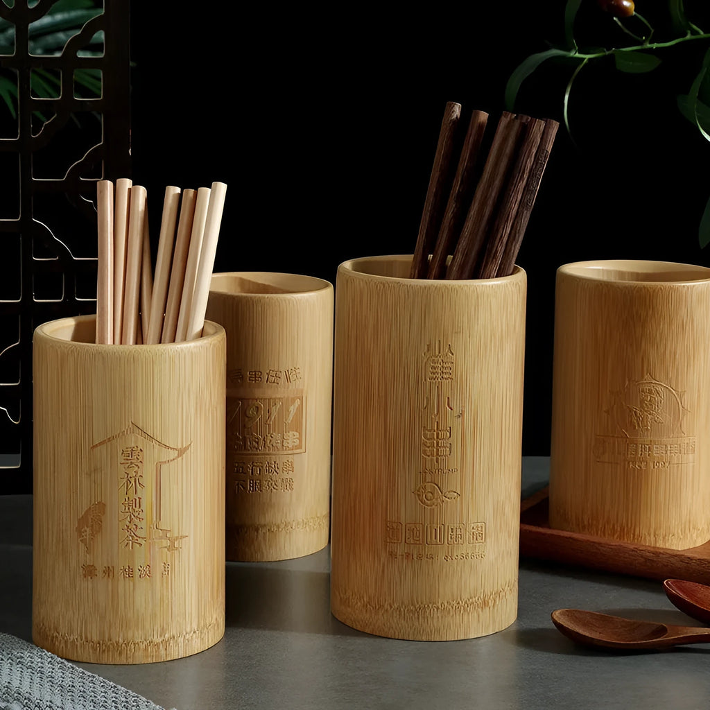 Natural bamboo chopsticks holder in multiple style variations including tube, bevel and groove designs