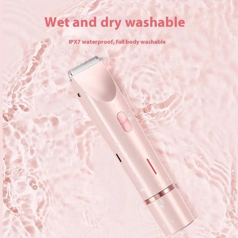 Pink women's electric body hair trimmer and shaver with USB cable on a white background