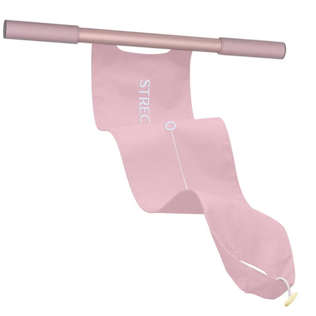 Grey or pink yoga stretching tool for open shoulder, back, and hip exercises.