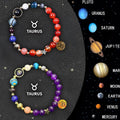 Set of two natural stone beaded bracelets with zodiac sign charms on an adjustable elastic cord.