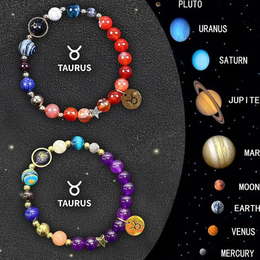 Set of two natural stone beaded bracelets with zodiac sign charms on an adjustable elastic cord.
