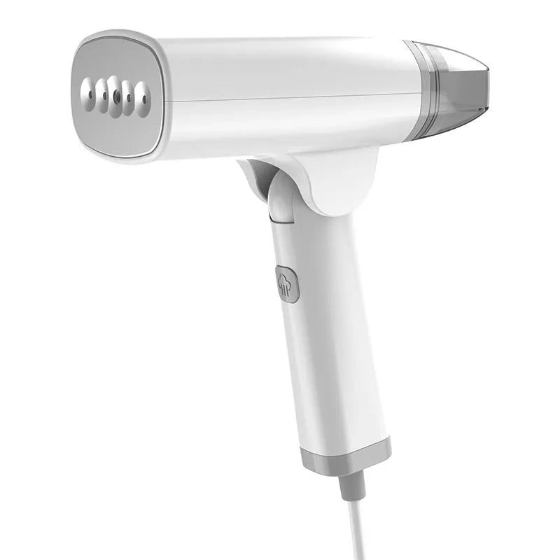 Blue or white handheld garment steamer with power cord and steam nozzle, showing compact size.