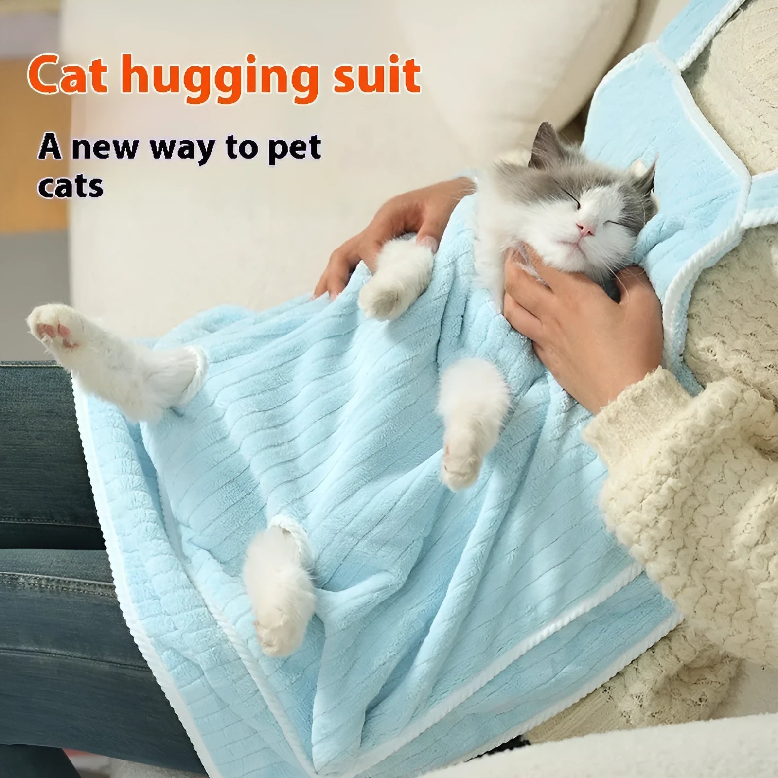 Cat petting apron in multiple colour options including pink, light blue, and striped patterns for grooming protection