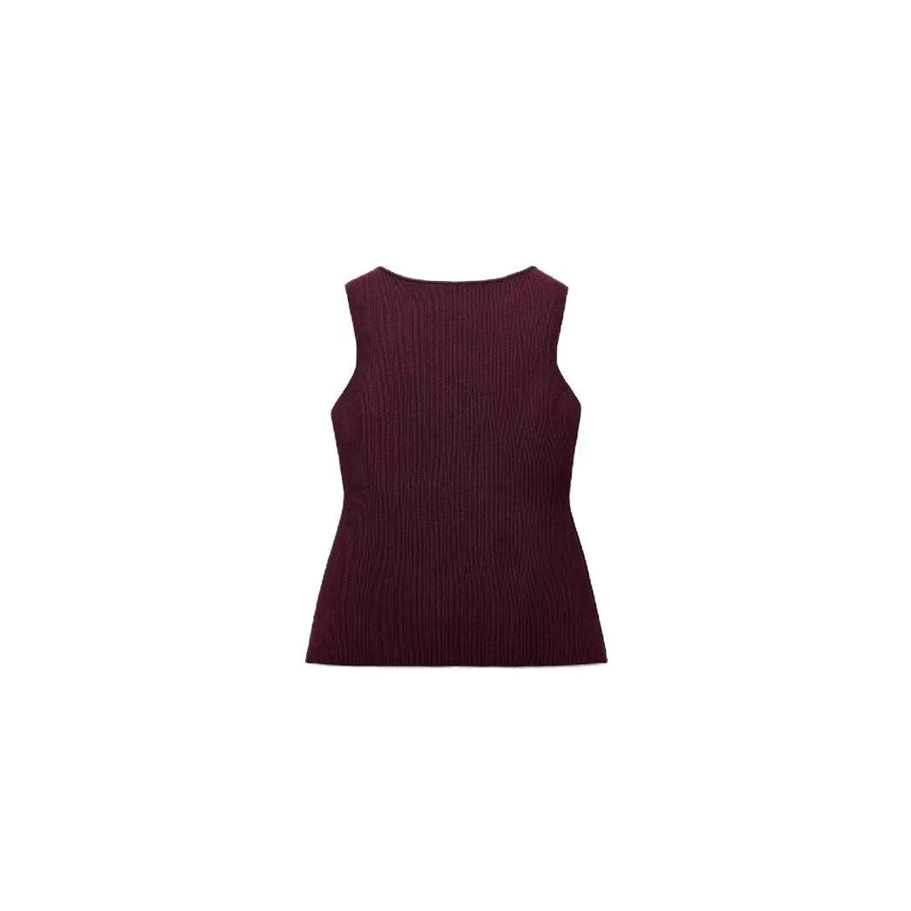 Slim fit dark red viscose sweater vest with a textured 3D pattern, shown on a model.