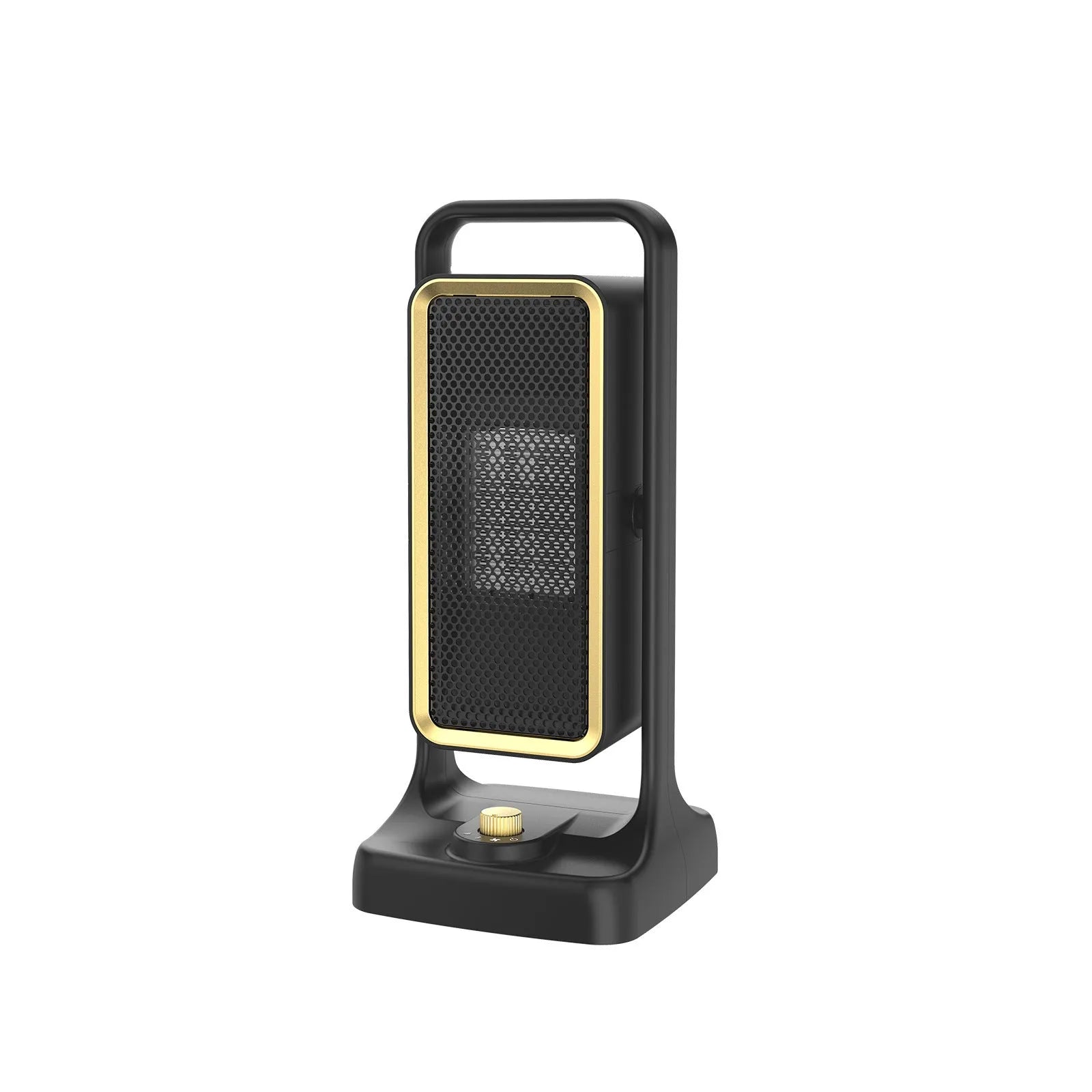 Black desktop PTC ceramic air heater with knob control, compact design measuring 14.9x11.1x33.5cm
