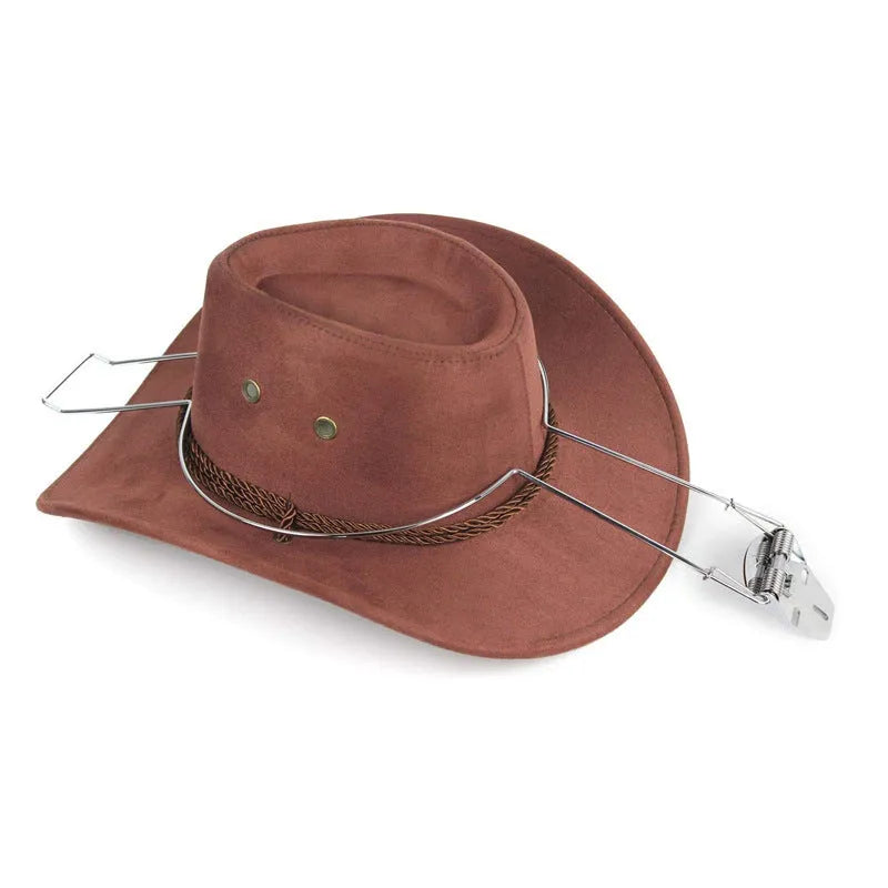 Brown chrome-plated metal car hat stand for organising coats and hats inside a vehicle