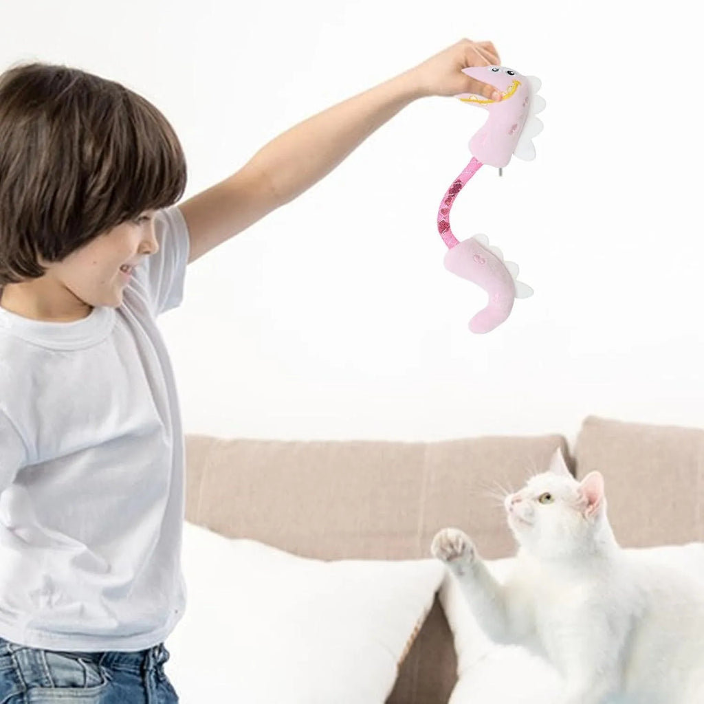 Four cat toys set showing catnip rope, plush mouse, plush fish, and plush bunny in pink, purple, yellow colours