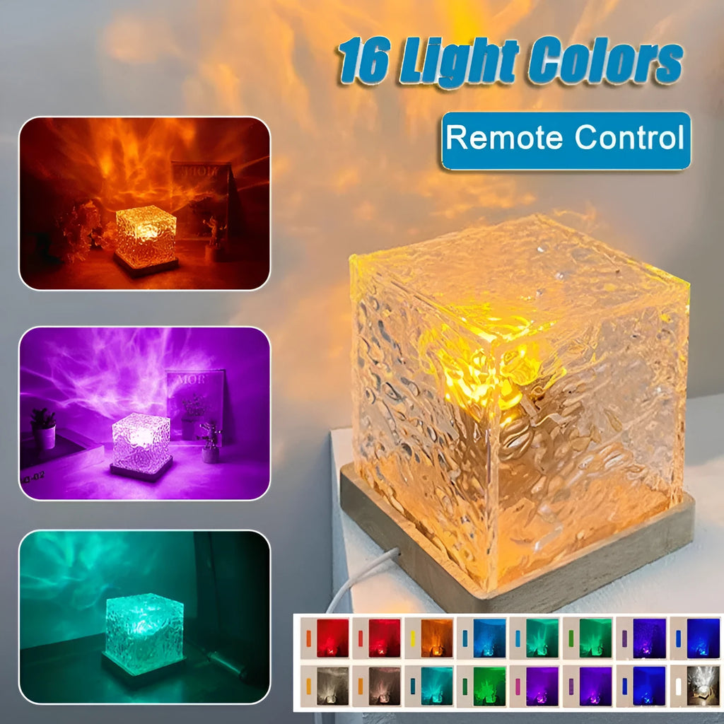 LED water ripple projection crystal table lamp with remote control on wooden surface