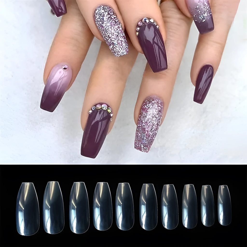 500 transparent natural clear acrylic false nails with French tips design in 10 different sizes