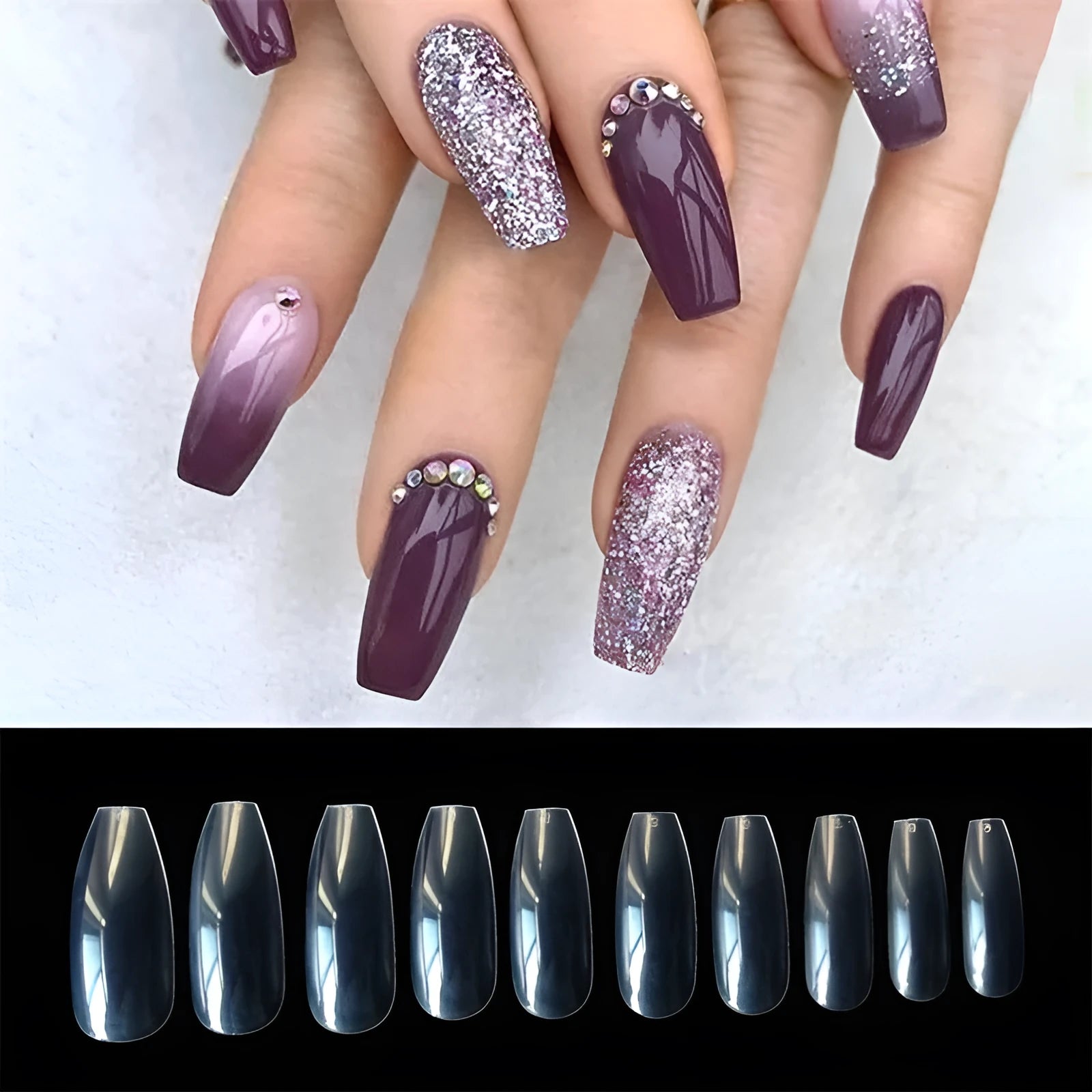 500 transparent natural clear acrylic false nails with French tips design in 10 different sizes
