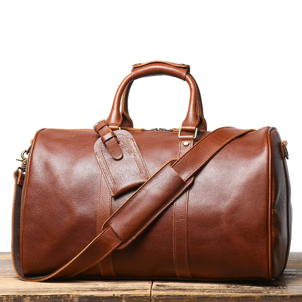 Men's genuine leather shoulder crossbody gym bag in dark coffee colour with visible stitching and adjustable strap