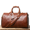 Men's genuine leather shoulder crossbody gym bag in dark coffee colour with visible stitching and adjustable strap