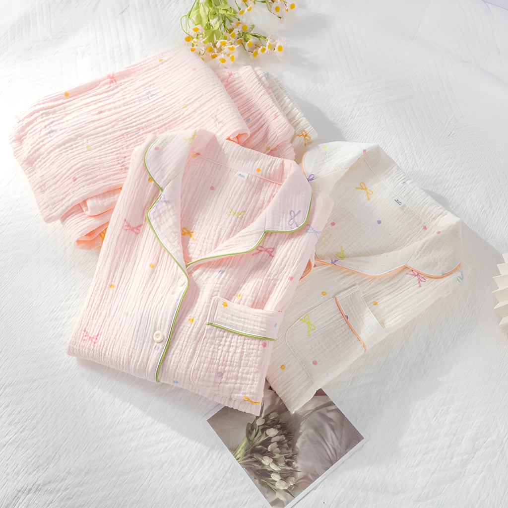 Women's cotton pajama set with long sleeves in pink colour option