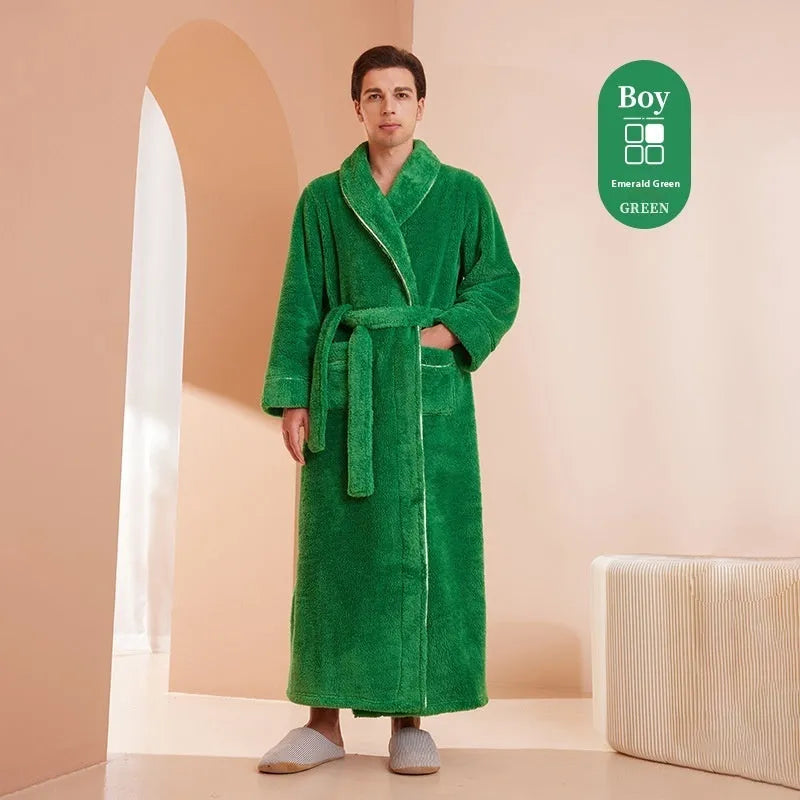 Thick flannel winter bathrobe for couples in multiple colour options like navy blue and cherry yellow.