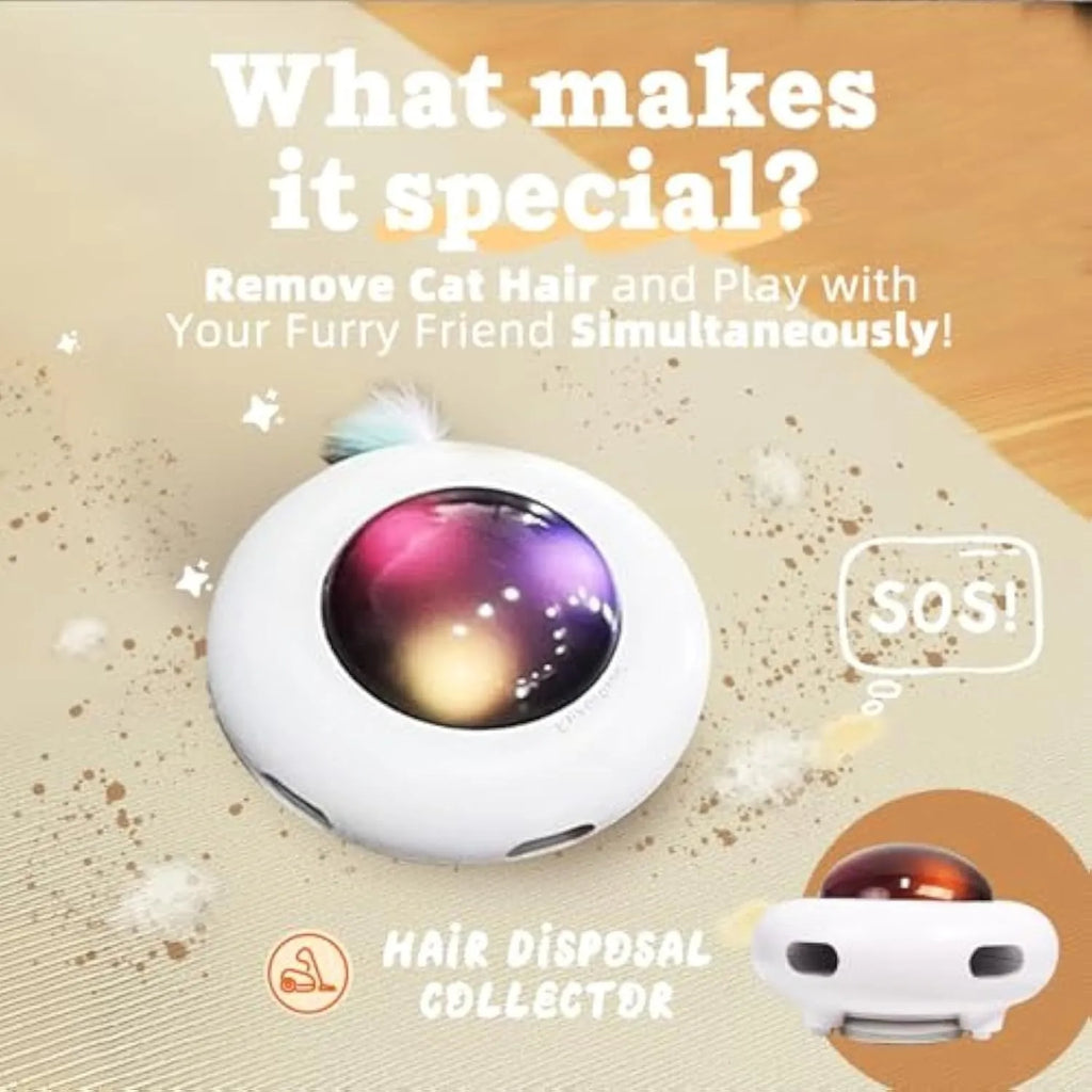 White UFO-shaped automatic cat toy with colourful feathers and LED lights