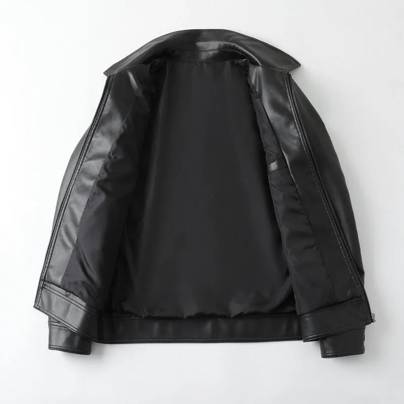 Men's black PU leather casual jacket with zipper pockets, loose fit design