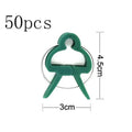 Green plastic and zinc plant fixing clips, showing large and small sizes for climbing vegetables.