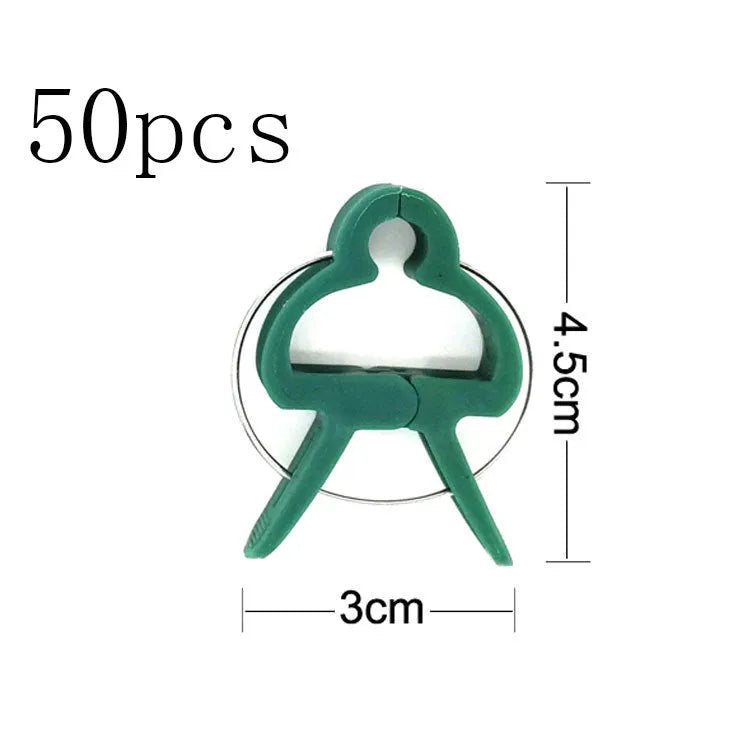Green plastic and zinc plant fixing clips, showing large and small sizes for climbing vegetables.