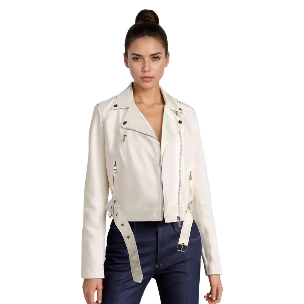 Women's black PU leather lapel jacket with an adjustable short belt.