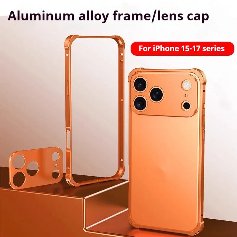 Alloy metal frame mobile phone case for iPhone 17 with seahorse buckle in a selection of five colours.