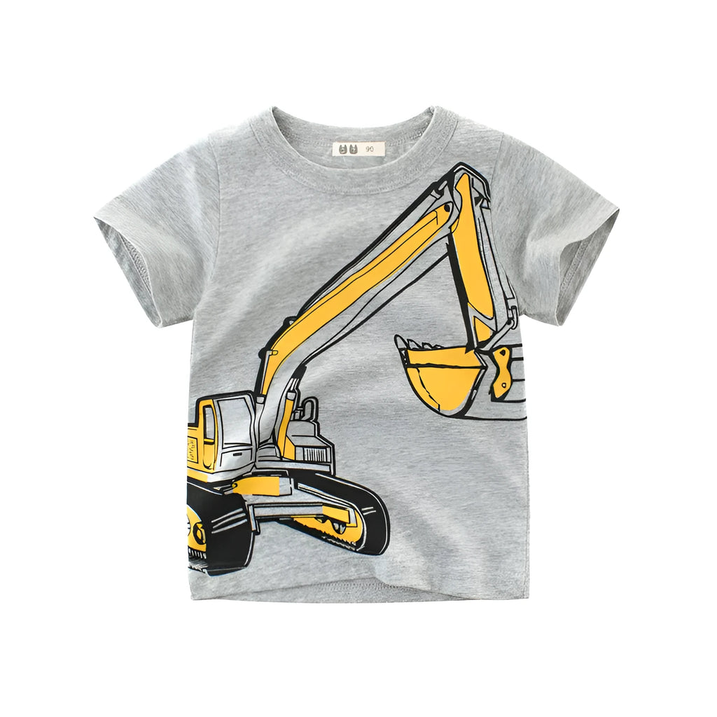 Children's light grey cartoon print cotton t-shirt with short sleeves and a round neck.