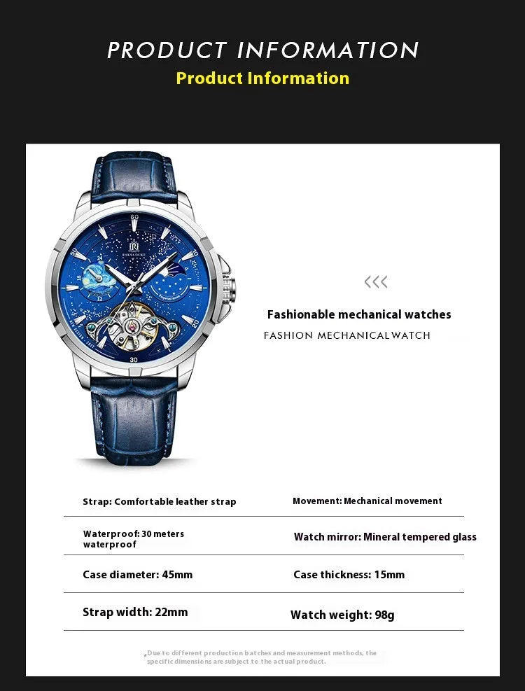 Men's automatic mechanical watch with blue dial and stainless steel case showing analogue display
