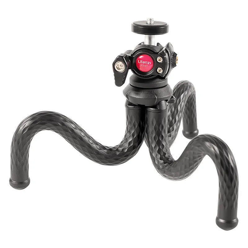 Black aluminium mobile phone tripod set with adjustable legs and phone clip attached