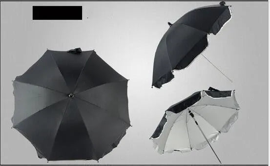 Black adjustable stroller umbrella with alloy handle and 8 steel bones attached to pram