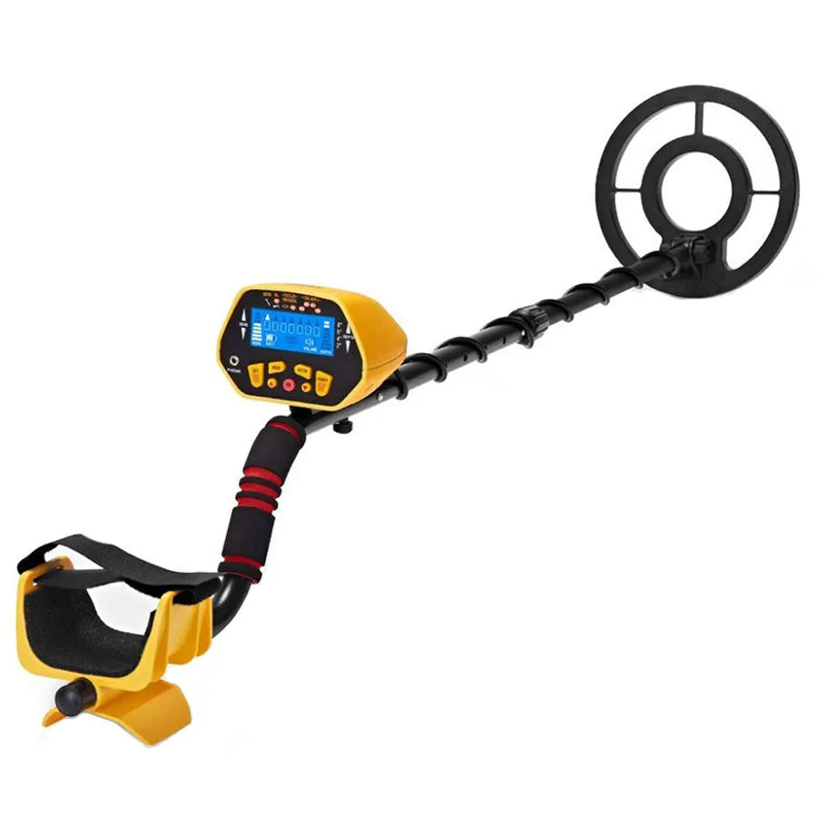 Black and yellow GC1028 professional metal detector with LCD screen and adjustable pole.