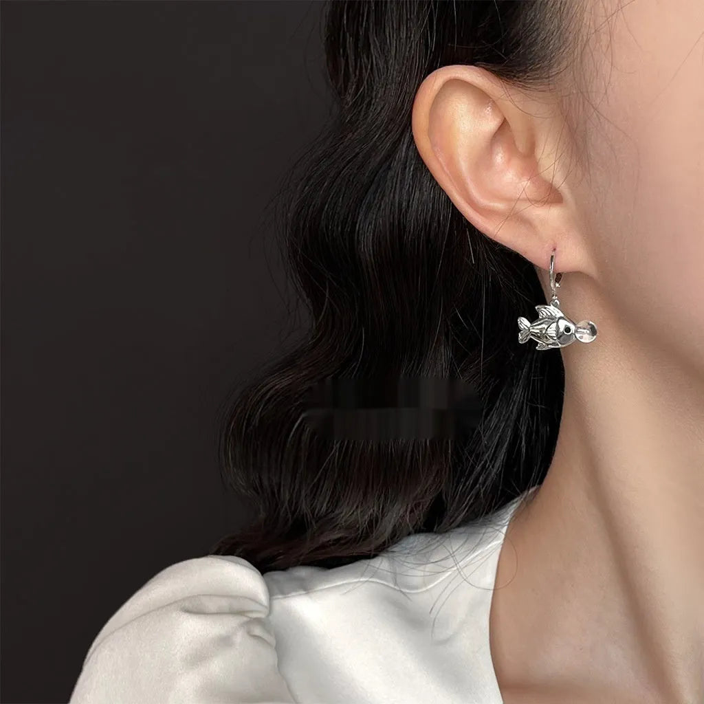 Pair of bubble fish earrings with goldfish design in electroplated copper