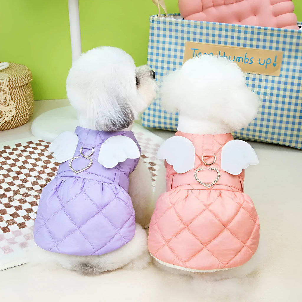 Small dog wearing pink polyester skirt with casual design and thickened construction