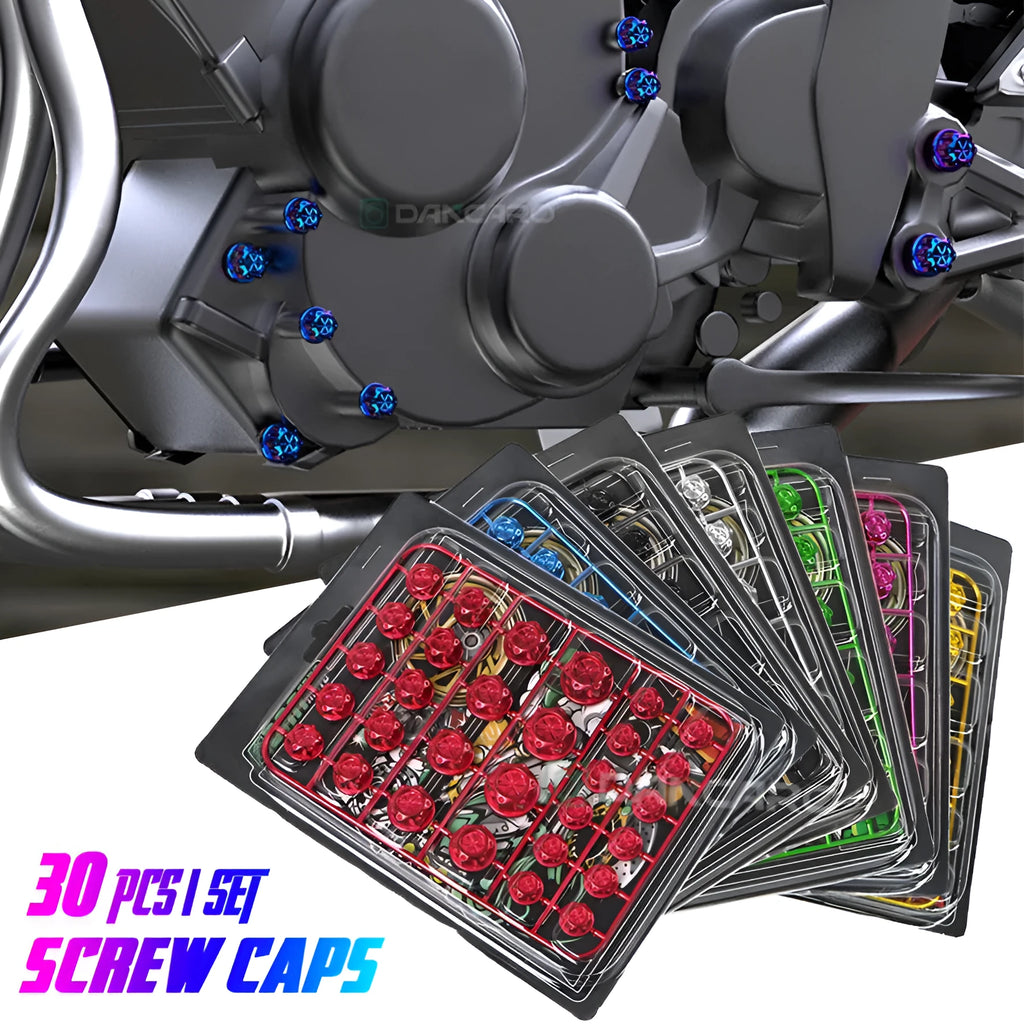 Set of 30 coloured ABS plastic screw caps for motorcycle engine modification.