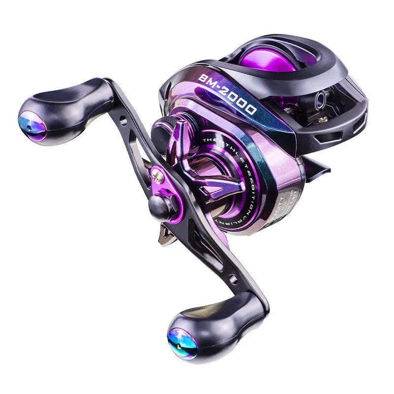 BM2000 baitcaster fishing reel with magnetic brake and water drop spool, shown in left-hand and right-hand retrieve models.