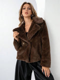 Women's short loose-fit faux fur coat in rose red on a hanger, showing regular sleeves and plush texture.