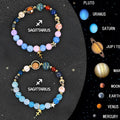 Two natural stone beaded bracelets for zodiac sign astrology jewellery set on a surface.