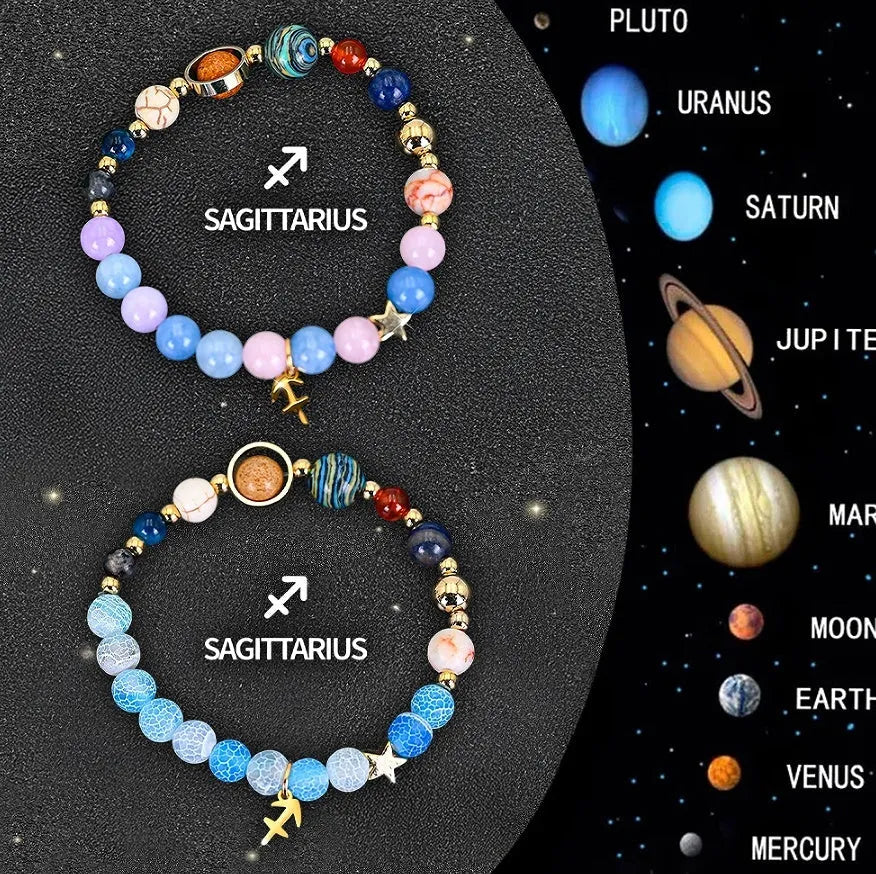 Two natural stone beaded bracelets for zodiac sign astrology jewellery set on a surface.