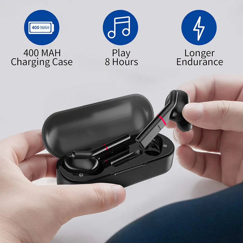 VV1 Black and White Bluetooth Earphones with charging case.