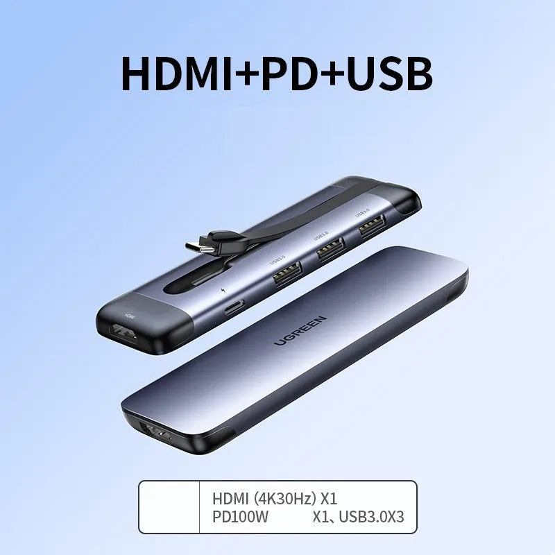 A compact USB dock expansion adapter with short cable, shown next to icons for HDMI, VGA, Ethernet, USB, and SD card ports.