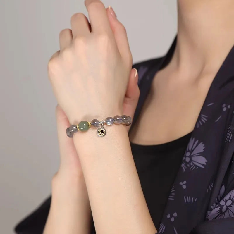 Moonstone birth Buddha beads bracelet with Thousand-Hand Kwan-yin mouse design and moonlight crystals