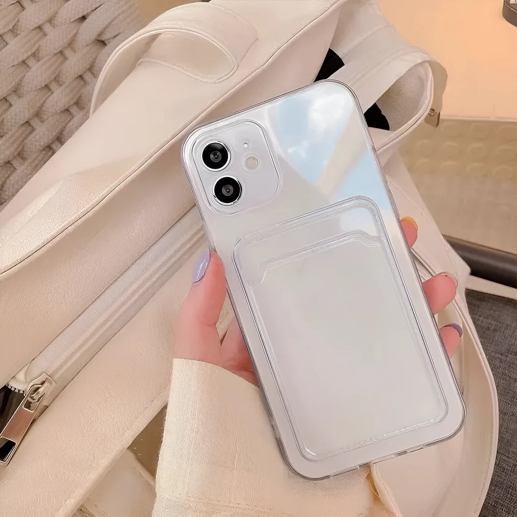 Clear transparent PVC iPhone case with a credit card visible in the integrated rear slot.
