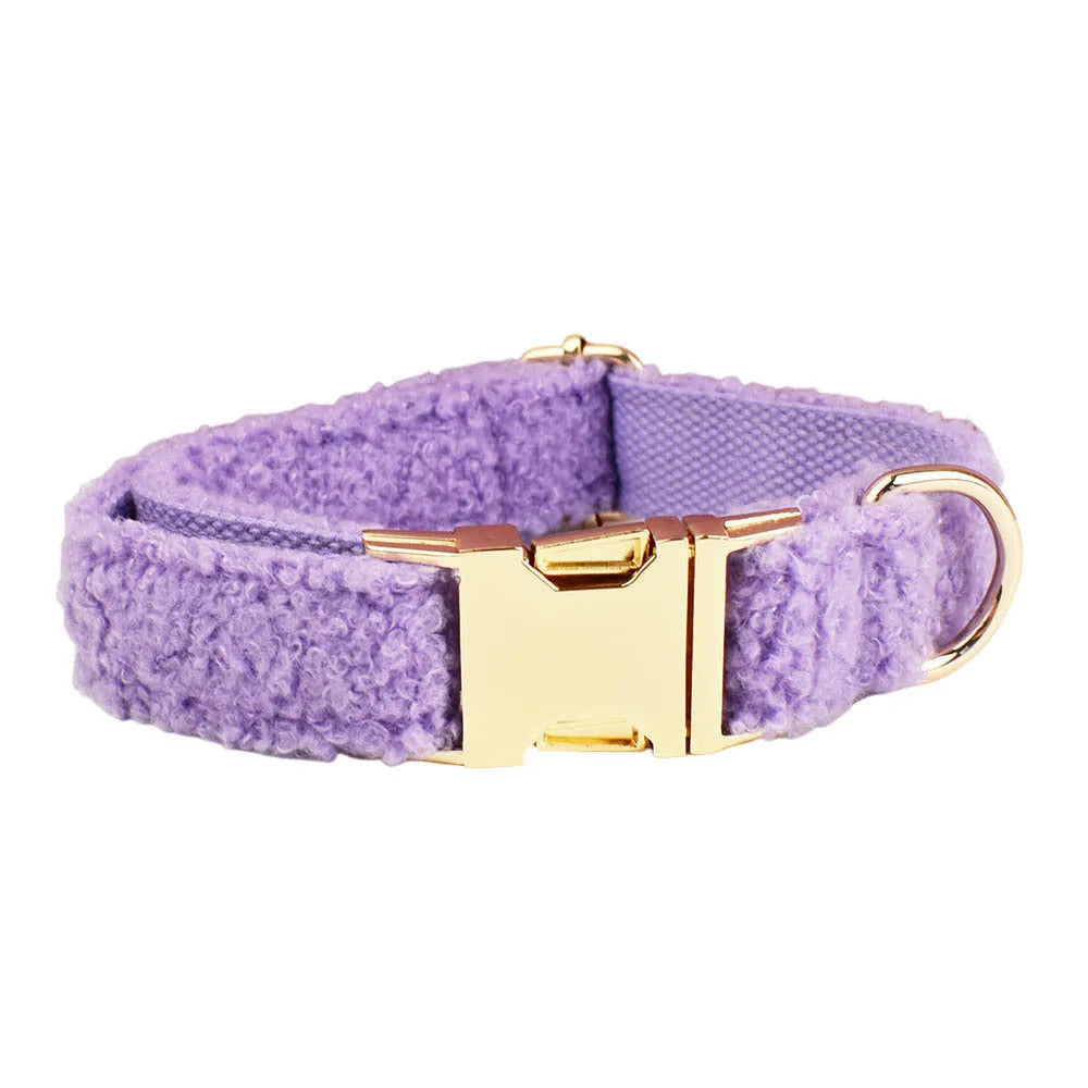 Purple four-piece dog accessory set showing cloth collar, leash, bow, and vest for small dogs