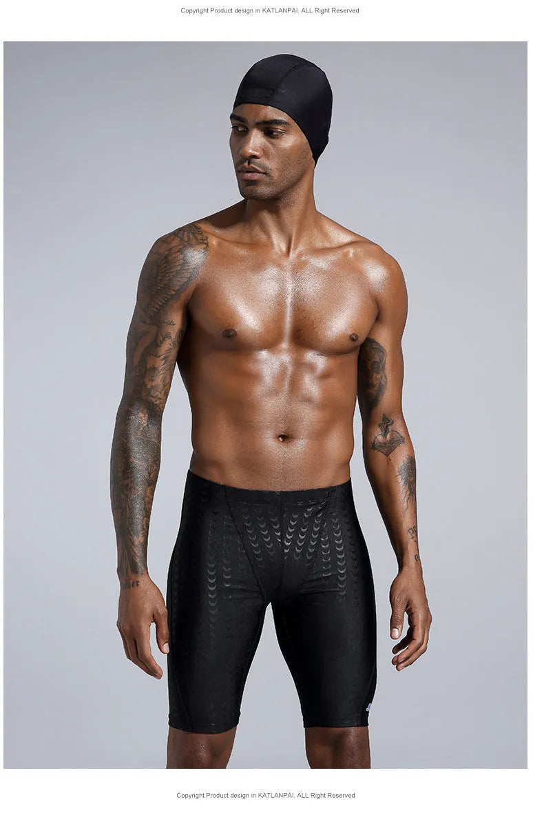 Men's solid colour waterproof polyester swimming trunks for beach and surf, shown in larger sizes.