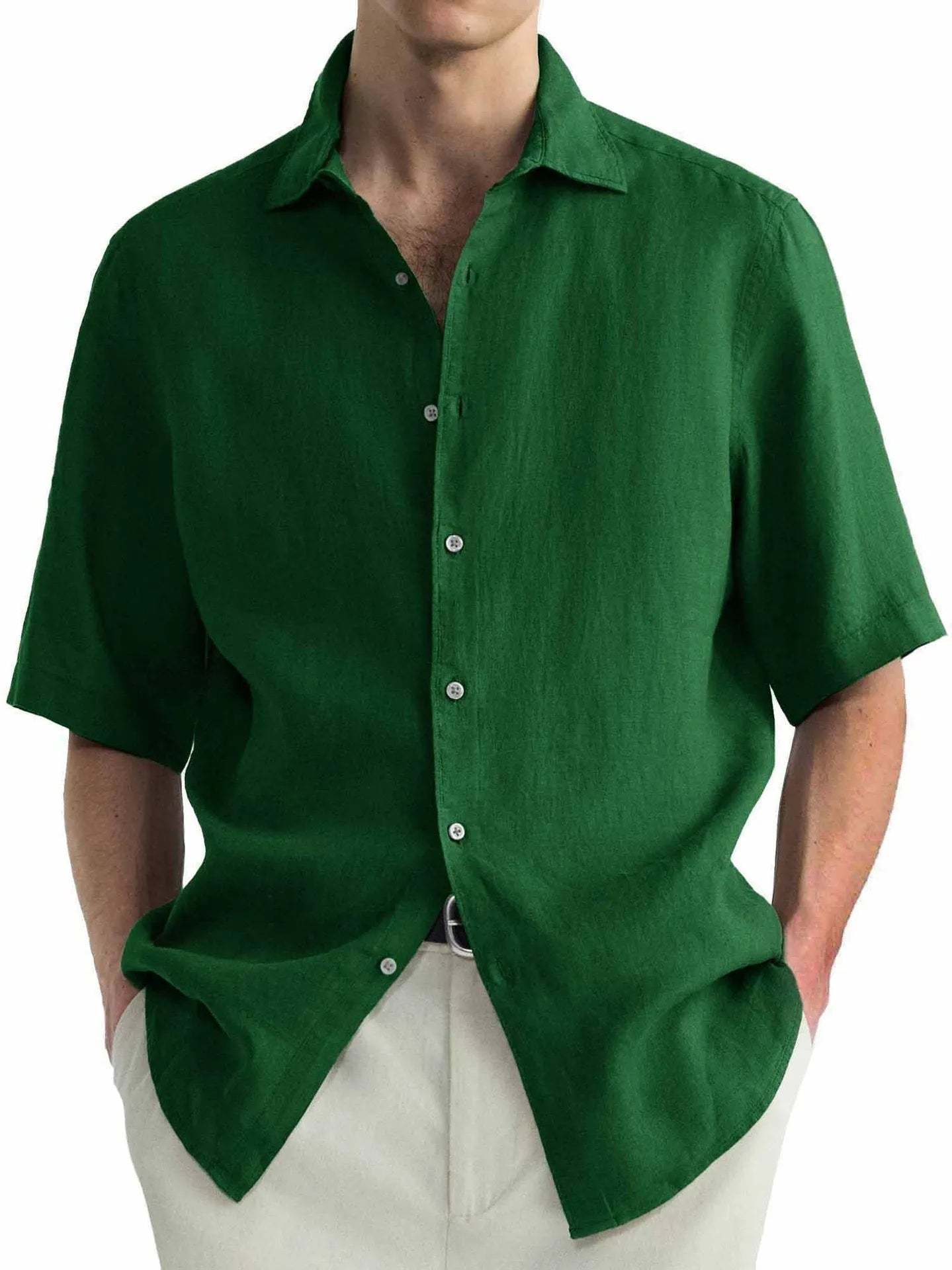 Men's green washed cotton casual shirt with a cardigan style on a hanger.