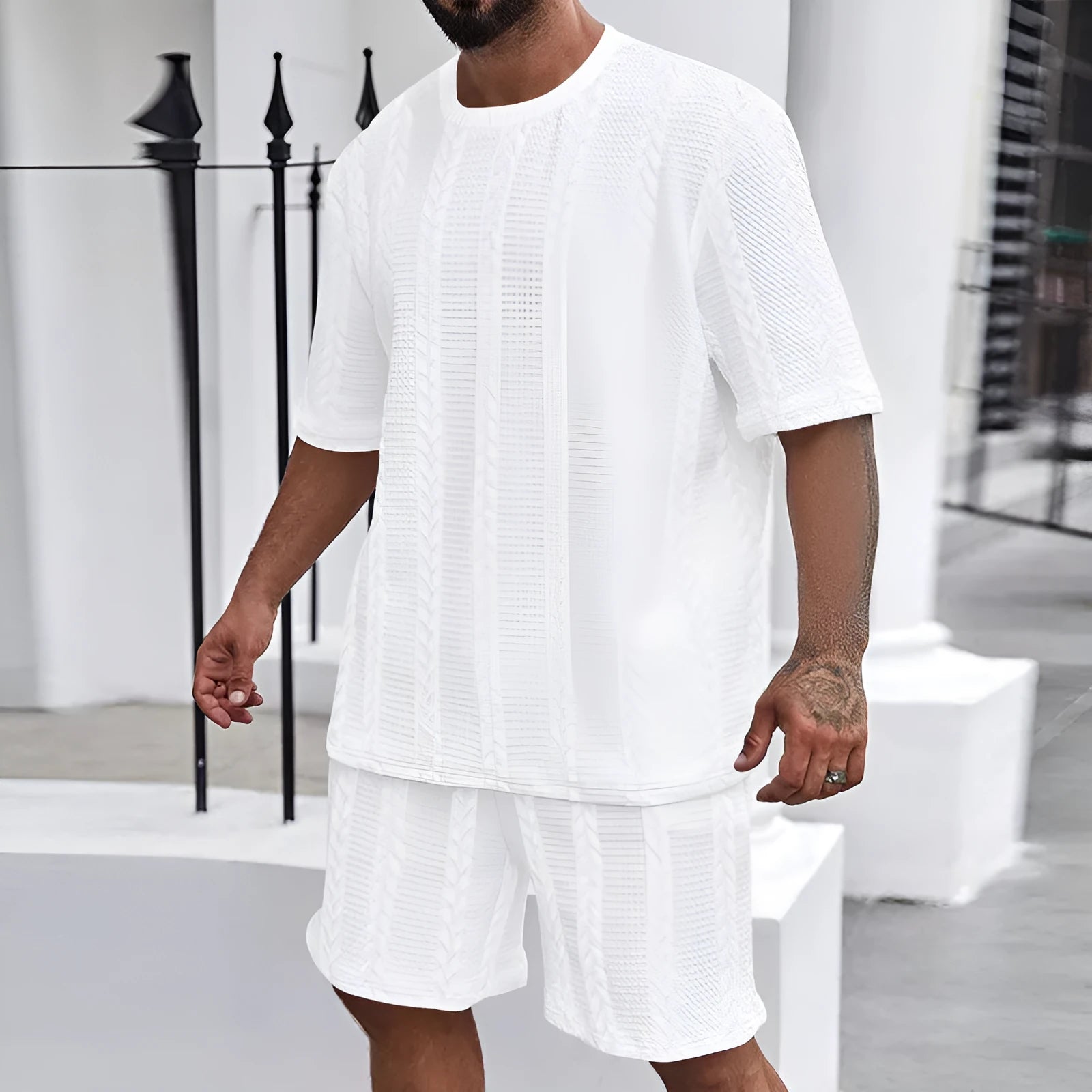 Men's knitted polyester summer set with round neck pullover and matching shorts in solid colour options